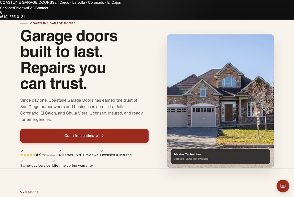 Coastline Garage Doors — live SeldonFrame workspace