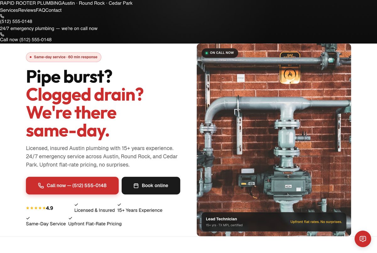 Rapid Rooter Plumbing — live SeldonFrame workspace